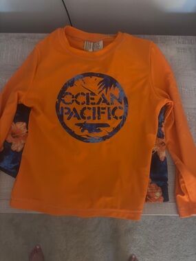 OP Kids Orange Long Sleeve Rashguard with Navy Floral Accents